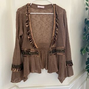 PRETTY ANGEL Wool Blend Brown Gold Glitter Sequins Velvet Ruffle Cardigan